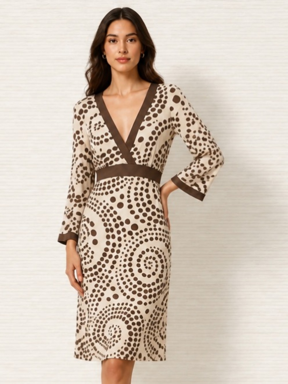 ATHLETA Dress Empire Crossover Polka Dot Whimsical Yoga Brown White Jersey Knit